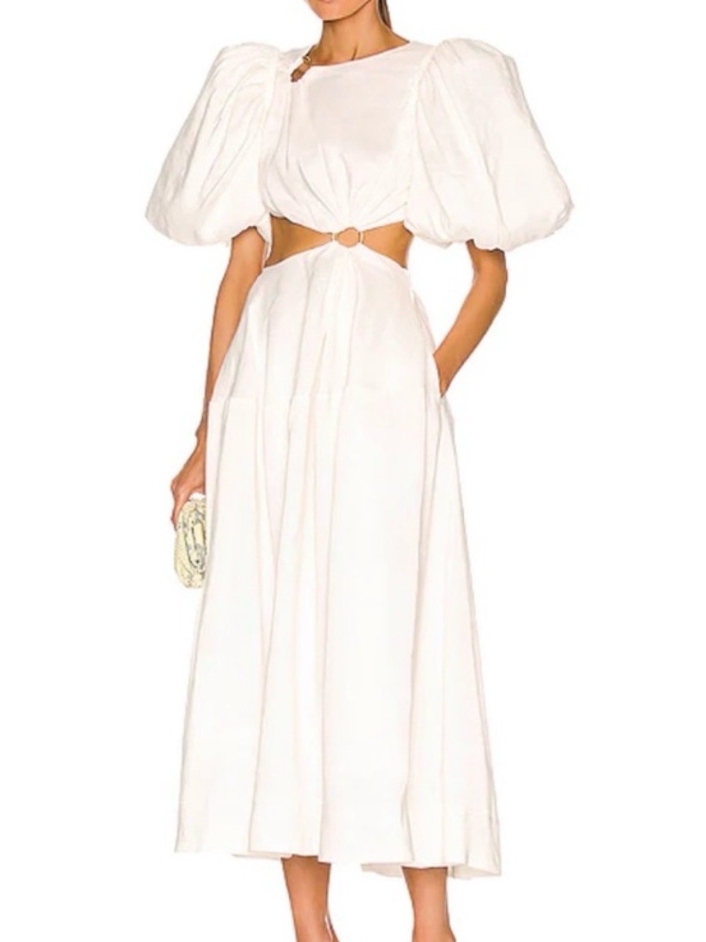 Aje Vanades White Cut Out Ring Linen Puff-Sleeve Cutout Midi Dress